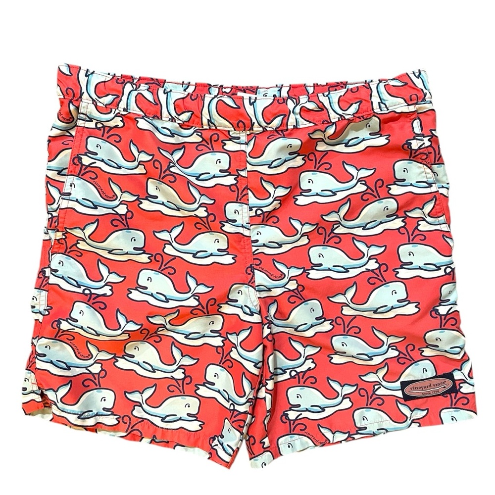 Vineyard Vines Men's Red and White Whale‎ Print Swim Trunks Small